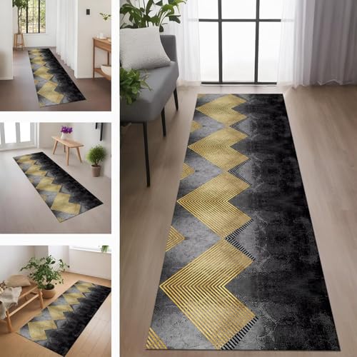 Rglxing Teppich Läufer Flur rutschfest Küchenteppich Fußmatte 100X140CM Waschbar Schwarz Grau Orange Teppichläufer Schmutzfangmatte Teppichläufer für Flur Küche Eingang Wohnzimmer Schlafzimmer von Rglxing