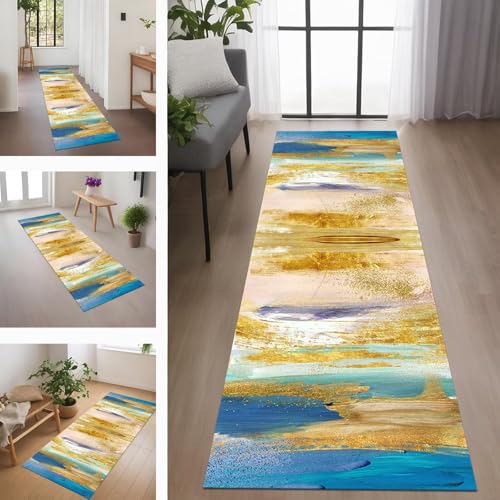 Rglxing Teppich Läufer Flur rutschfest Küchenteppich Fußmatte 100X450CM Waschbar Orange Cyan Blau Weiß Teppichläufer Schmutzfangmatte Teppichläufer für Flur Küche Eingang Wohnzimmer Schlafzimmer von Rglxing
