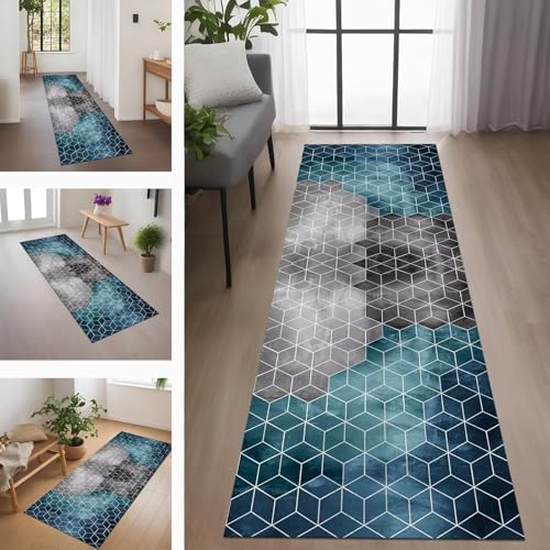 Rglxing Teppich Läufer Flur rutschfest Küchenteppich Fußmatte 110X500CM Waschbar Grün Blau Teppichläufer Meterware Schmutzfangmatte Teppichläufer für Flur Küche Eingang Wohnzimmer Schlafzimmer von Rglxing