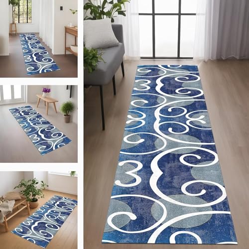 Rglxing Teppich Läufer Flur rutschfest Küchenteppich Fußmatte 40X90CM Waschbar Blau Weiß Grau Teppichläufer Meterware Schmutzfangmatte Teppichläufer für Flur Küche Eingang Wohnzimmer Schlafzimmer von Rglxing
