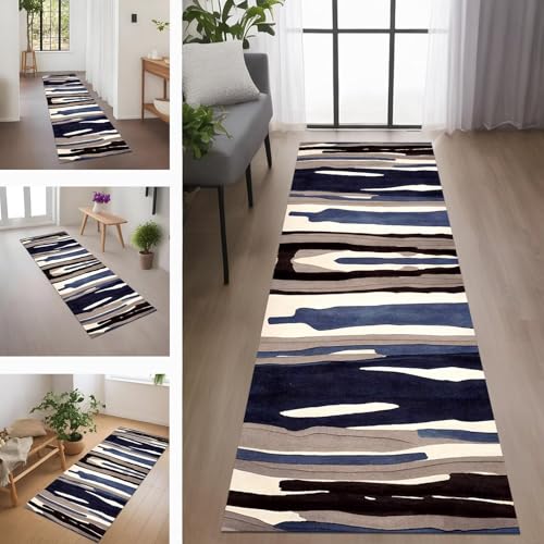 Rglxing Teppich Läufer Flur rutschfest Küchenteppich Fußmatte 60X160CM Waschbar Braun Blau Teppichläufer Meterware Schmutzfangmatte Teppichläufer für Flur Küche Eingang Wohnzimmer Schlafzimmer von Rglxing