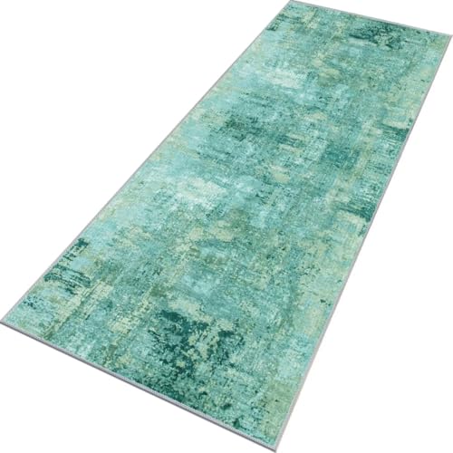 Rglxing Teppich Läufer Flur rutschfest Küchenteppich Fußmatte 90X240CM Waschbar Grün Cyan Modern Teppichläufer Meterware Schmutzfangmatte Teppichläufer für Flur Küche Eingang Wohnzimmer Schlafzimmer von Rglxing