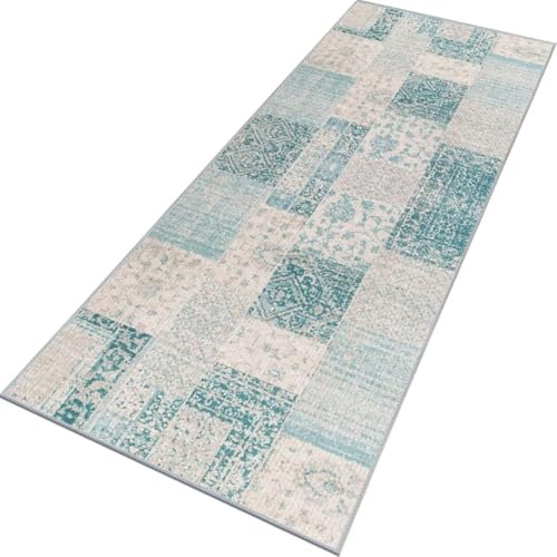 Rglxing Teppich Läufer Flur rutschfest Küchenteppich Fußmatte 90X350CM Waschbar Grau Cyan Modern Teppichläufer Meterware Schmutzfangmatte Teppichläufer für Flur Küche Eingang Wohnzimmer Schlafzimmer von Rglxing
