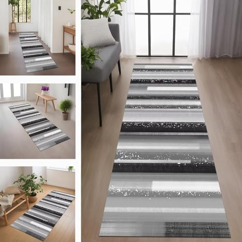 Rglxing Teppich Läufer Flur rutschfest Küchenteppich Fußmatte 90X400CM Waschbar Hellgrau Schwarz Teppichläufer Meterware Schmutzfangmatte Teppichläufer für Flur Küche Eingang Wohnzimmer Schlafzimmer von Rglxing