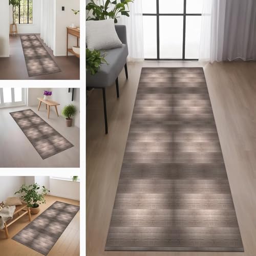Rglxing Teppich Läufer Flur rutschfest Küchenteppich Fußmatte 90X450CM Waschbar Grau Woodgrain Teppichläufer Schmutzfangmatte Teppichläufer für Flur Küche Eingang Wohnzimmer Schlafzimmer von Rglxing
