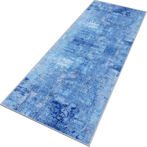 Teppich Läufer Flur rutschfest Küchenteppich Fußmatte 100X400CM Waschbar Blau Abstrakt Modern Teppichläufer Meterware Schmutzfangmatte Teppichläufer für Flur Küche Eingang Wohnzimmer Schlafzimmer von Rglxing