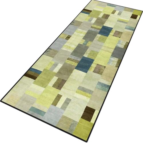 Teppich Läufer Flur rutschfest Küchenteppich Fußmatte 110X500CM Waschbar Gelb-Grün Blau Modern Teppichläufer Meterware Schmutzfangmatte Teppichläufer für Flur Küche Eingang Wohnzimmer Schlafzimmer von Rglxing