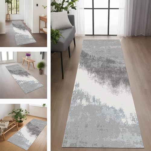 Teppich Läufer Flur rutschfest Küchenteppich Fußmatte 110X500CM Waschbar Grau Blau Abstrakt Teppichläufer Meterware Schmutzfangmatte Teppichläufer für Flur Küche Eingang Wohnzimmer Schlafzimmer von Rglxing