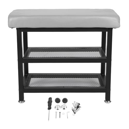 Entryway Shoe Bench with Cushioned Seat | 2 - Tier Shoe Rack for Hallway/Bedroom/Living Room | Sturdy Iron Frame & Soft Leather Top | No Assembly Tools Needed (Grey) von Rhawuy