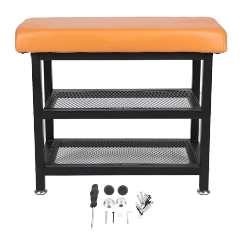 Entryway Shoe Bench with Cushioned Seat | 2 - Tier Shoe Rack for Hallway/Bedroom/Living Room | Sturdy Iron Frame & Soft Leather Top | No Assembly Tools Needed (Orange) von Rhawuy