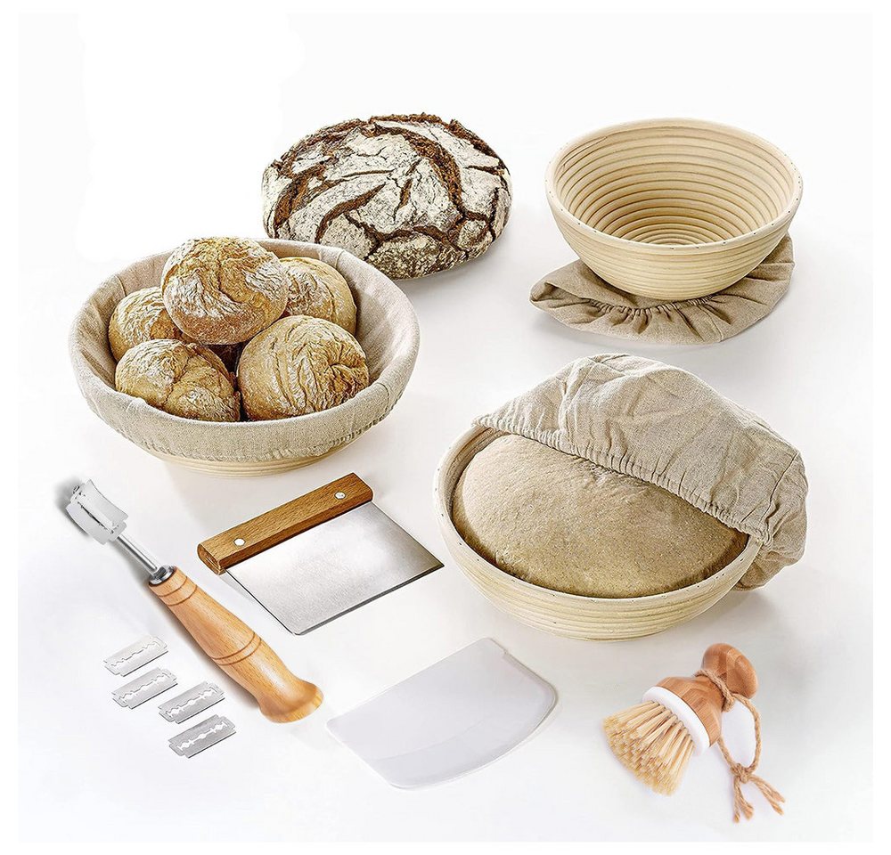 Rhein Beleuchtung Gärkorb Gärkörbchen Set 3-tlg. Brotkorb Rundformen aus Rattan & Antihaft, (10-tlg), Gärkorb Set Für Selbstgemachtes Brot - Inkl. Rezeptheft & Spatschutz von Rhein Beleuchtung