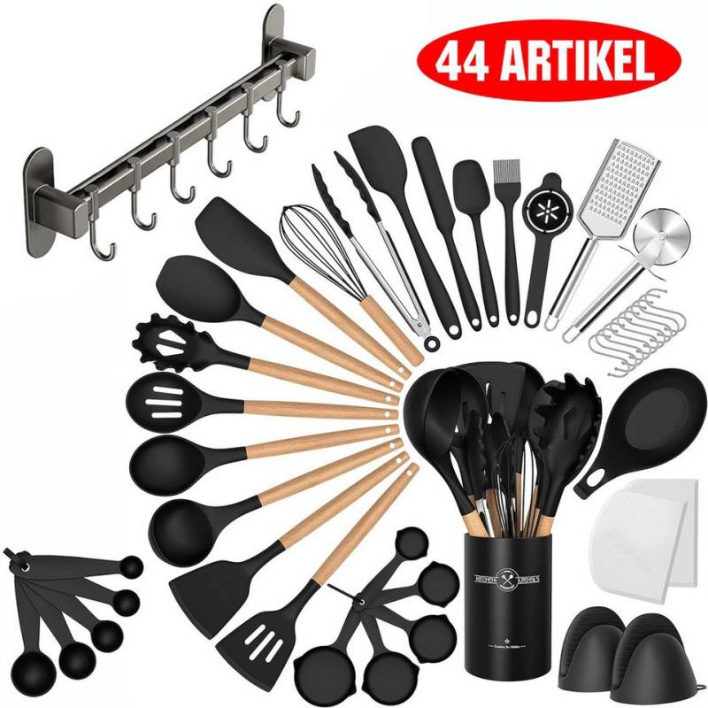 Rhein Beleuchtung Kochbesteck-Set Silikon-Kochgeschirr mit schwarzem Holzgriff, küchenutensilien (44-tlg., Mit 40 cm langer, bohrfreier 6-Haken-Schiene), Sicher und umweltfreundlich, geeignet für antihaftbeschichtete Pfannen von Rhein Beleuchtung