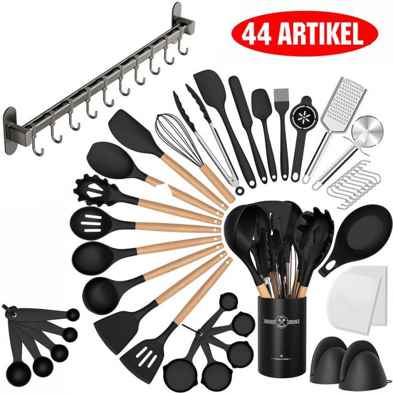 Rhein Beleuchtung Kochbesteck-Set Silikon-Kochgeschirr mit schwarzem Holzgriff, küchenutensilien (44-tlg., Mit 60 cm langer, bohrfreier 10-Haken-Schiene), Sicher und umweltfreundlich, geeignet für antihaftbeschichtete Pfannen von Rhein Beleuchtung