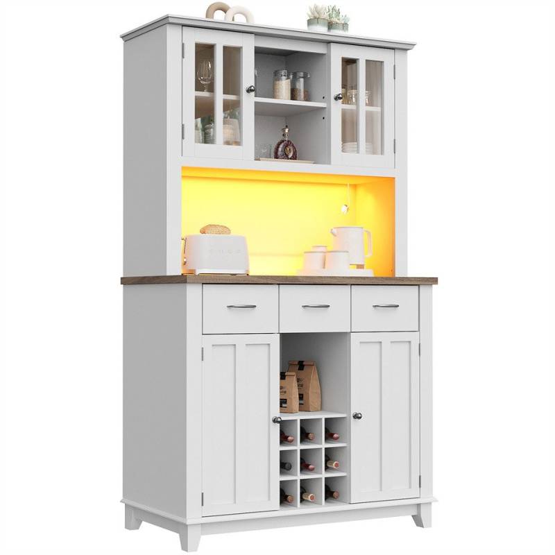 Rhein Beleuchtung Küchenbuffet Hochschrankbuffet mit LED-Beleuchtung (weiße Schubladen) (küchenbuffet buffetschrank, vitrinenschrank weiss, küchenbar) mit verstellbaren Einlegeböden und Weinregal, Wandschrank kippsicher von Rhein Beleuchtung
