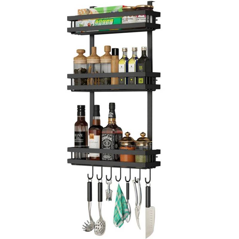 PFCTART Gewürzregal Edelstahl Gewürzregal 39cm - Wandregal für Küche & Aufbewahrung, 30kg Tragkraft, Schwarz - Starke Halterung für schwere Gegenstände, Ohne Bohren - 3 Ebenen & 7 Haken für Küchenutensilien & Zubehör PFCTART Gewürzregal Edelstahl Gewürzregal 39cm - Wandregal für Küche & Aufbewahrung, 30kg Tragkraft, Schwarz - Starke Halterung für schwere Gegenstände, Ohne Bohren - 3 Ebenen & 7 Haken für Küchenutensilien & Zubehör von PFCTART