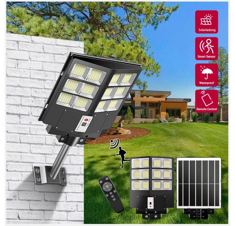 Rhein Beleuchtung LED Solarleuchte 600W Solarlampen für Außen mit Bewegungsmelder & Fernbedienung, Mit Dämmerungssensor Timerfunktion, LED fest integriert, Kaltweiß, 55000 lm, 6500K kaltweiß – IP67 solar Strahler außen, wetterfest von Rhein Beleuchtung