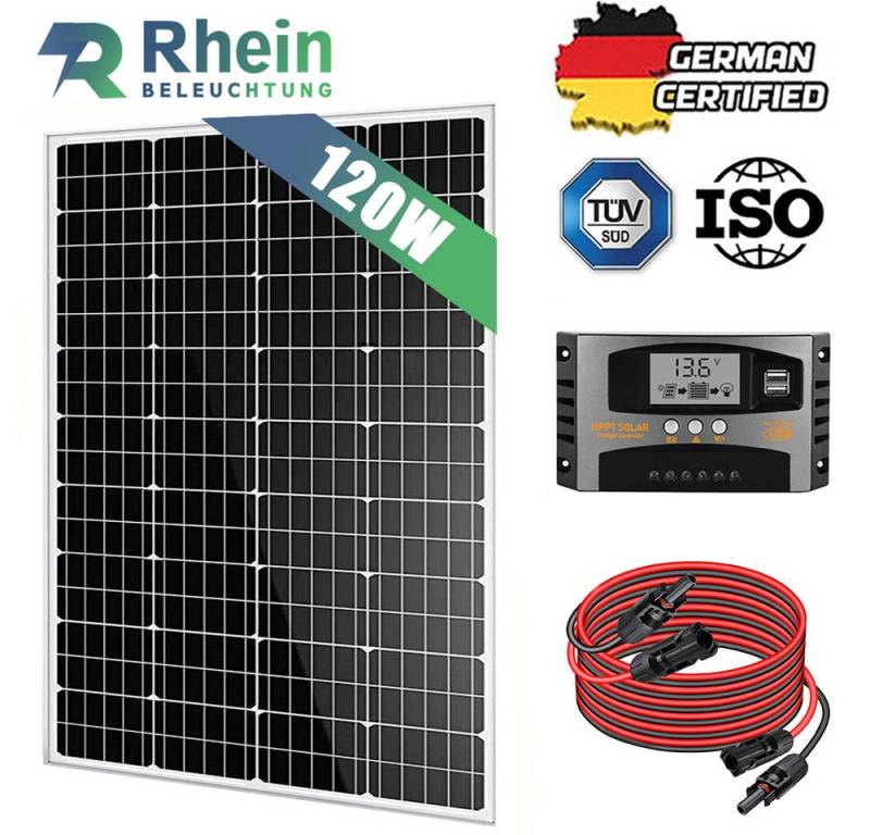 Rhein Beleuchtung Solarmodul 120W 12V Solaranlage Set Wohnmobil Garten Inselanlage, (Inkl. 40A Regler, Solarkabel – ideal für Dachmontage), Mono Solarpanel mit Half-Cut-Technologie & IP65 Anschlussdose von Rhein Beleuchtung