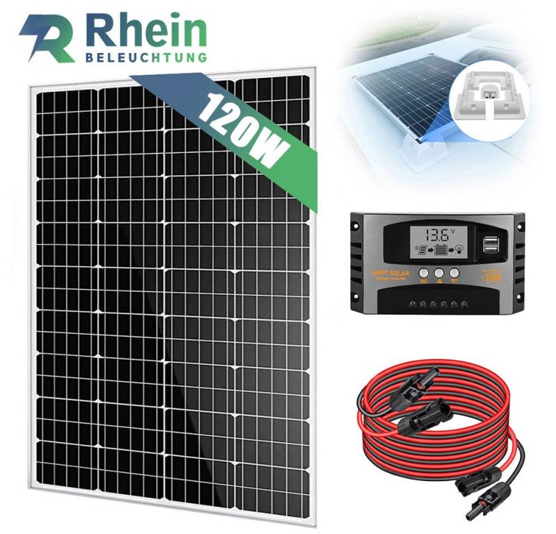 Rhein Beleuchtung Solarmodul 120W 12V Solaranlage Set Wohnmobil Garten Inselanlage, (Inkl. 40A Regler, Solarkabel – ideal für Dachmontage), Mono Solarpanel mit Half-Cut-Technologie & IP65 Anschlussdose von Rhein Beleuchtung