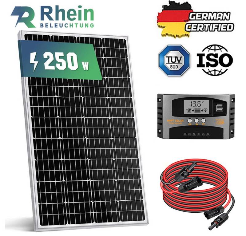 Rhein Beleuchtung Solaranlage 250W 12V Solaranlage Set für Wohnmobil, Boot & Camping, (Mit 3 m MC4-Kabel & wasserdichter IP65-Kabelverschraubung), Monokristallines Modul mit MPPT-Regler & hoher Effizienz von Rhein Beleuchtung