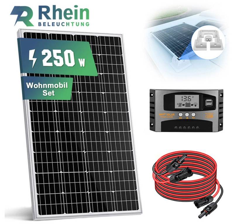 Rhein Beleuchtung Solaranlage 250W 12V Solaranlage Set für Wohnmobil, Boot & Camping, (Mit 3 m MC4-Kabel & wasserdichter IP65-Kabelverschraubung), Monokristallines Modul mit MPPT-Regler & hoher Effizienz von Rhein Beleuchtung