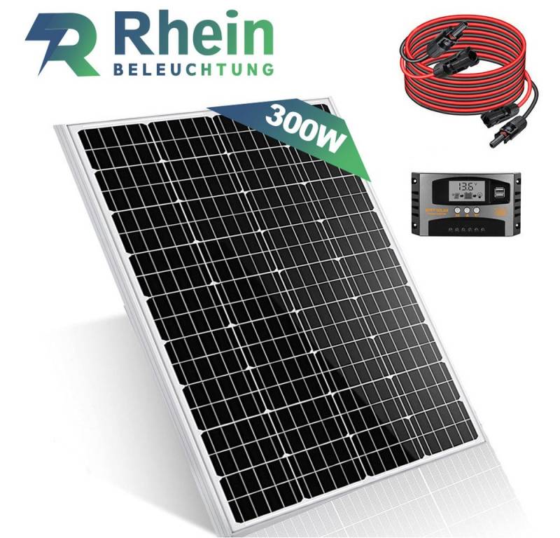 Rhein Beleuchtung Solarmodul 300W 12V Solaranlage Set – für Wohnmobil, Camping, Boot & Offgrid, 300 W, Monokristallin, (Inkl. 3 m MC4-Kabel, MC4-Stecker & Alurahmen – Plug & Play), Monokristallin mit MPPT Regler, IP65 wasserdicht & effizient von Rhein Beleuchtung