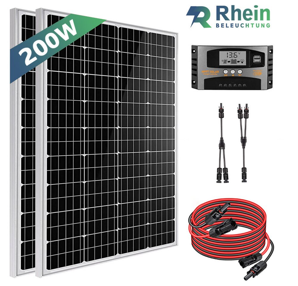 Rhein Beleuchtung Solarmodul 200W Solarpanel Set 12V Monokristallin für Wohnmobil & Camping, 200 W, Monokristallin, (5-St., Inkl. 40A MPPT-Regler, Y-Kabel, 2×100W Module, Plug & Play), Mit Halbzellen-Technologie, IP65 wasserdicht, hohe Effizienz von Rhein Beleuchtung