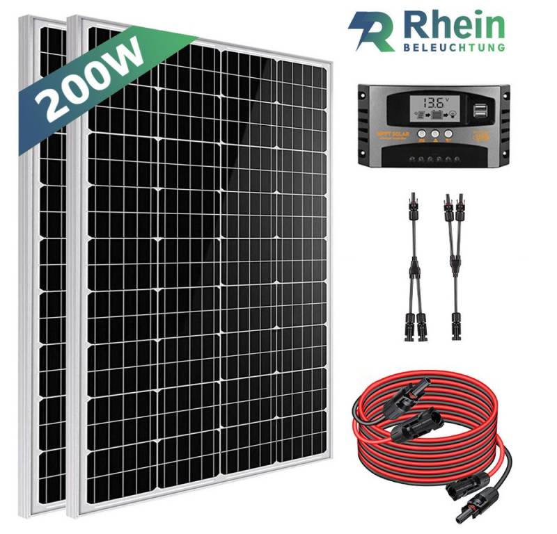 Rhein Beleuchtung Solarmodul 200W Solarpanel Set 12V Monokristallin für Wohnmobil & Camping, 200 W, Monokristallin, (5-St., Inkl. 40A MPPT-Regler, Y-Kabel, 2×100W Module, Plug & Play), Mit Halbzellen-Technologie, IP65 wasserdicht, hohe Effizienz von Rhein Beleuchtung