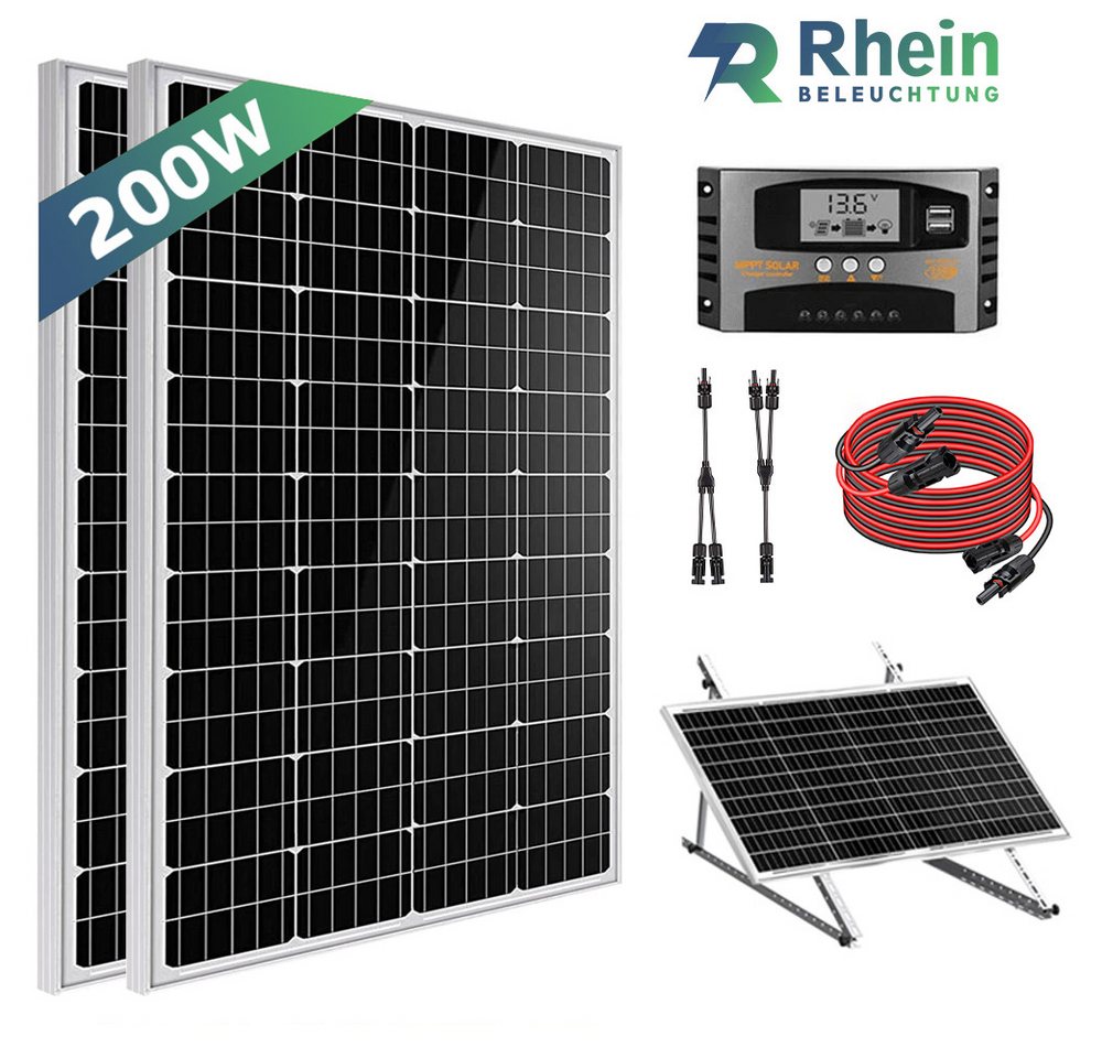 Rhein Beleuchtung Solarmodul 200W Solarpanel Set 12V Monokristallin für Wohnmobil & Camping, 200 W, Monokristallin, (6-St., Inkl. 40A MPPT-Regler, Y-Kabel, 2×100W Module, Plug & Play), Mit Halbzellen-Technologie, IP65 wasserdicht, hohe Effizienz von Rhein Beleuchtung