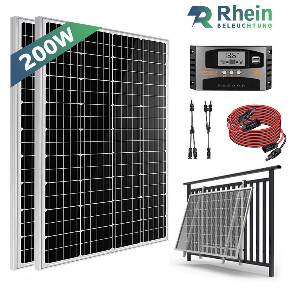 Rhein Beleuchtung Solarmodul 200W Solarpanel Set 12V Monokristallin für Wohnmobil & Camping, 200 W, Monokristallin, (6-St., Inkl. 40A MPPT-Regler, Y-Kabel, 2×100W Module, Plug & Play), Mit Halbzellen-Technologie, IP65 wasserdicht, hohe Effizienz von Rhein Beleuchtung