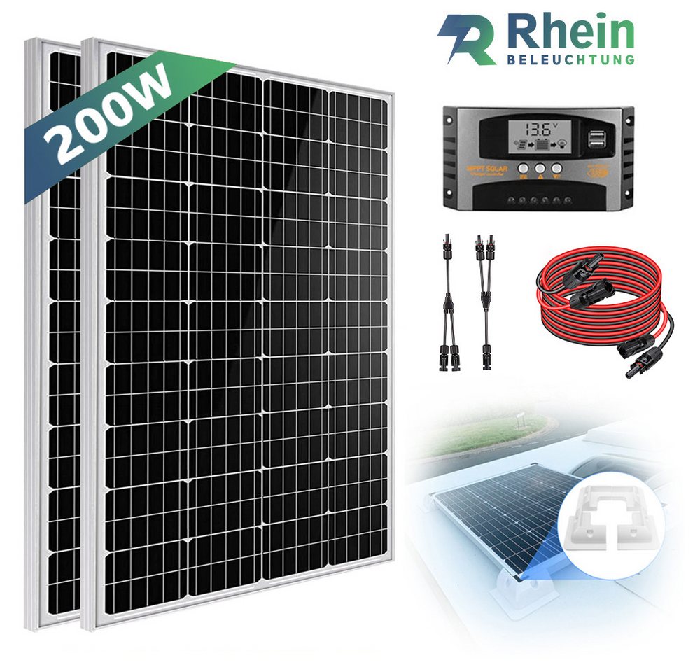 Rhein Beleuchtung Solarmodul 200W Solarpanel Set 12V Monokristallin für Wohnmobil & Camping, 200 W, Monokristallin, (8-St., Inkl. 40A MPPT-Regler, Y-Kabel, 2×100W Module, Plug & Play), Mit Halbzellen-Technologie, IP65 wasserdicht, hohe Effizienz von Rhein Beleuchtung