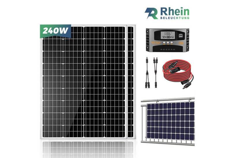 Rhein Beleuchtung Solarmodul 240W 12V Solar Komplettset Plug & Play für Dach Wohnmobil Boot, (Inkl. Y-Kabel MC4 Stecker Alu Rahmen schwarz spritzwassergeschützt), 2x120W Halbzellen IP65 wasserdicht 40A MPPT Regler hohe Leistung von Rhein Beleuchtung