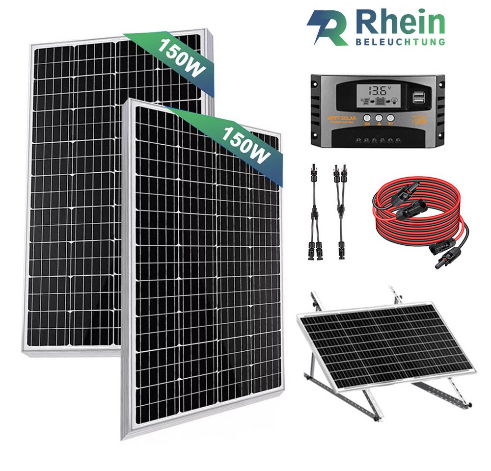 Rhein Beleuchtung Solarmodul 300W Solarpanel Set 12V für Wohnmobil, Camping & RV Stromversorgung, 300 W, Monokristallin, (6-St., Inkl. 40A MPPT-Regler, Y-Kabel, 2×150W Module, Plug & Play), Mit Halbzellen-Technologie, IP65 wasserdicht, hohe Leistung von Rhein Beleuchtung