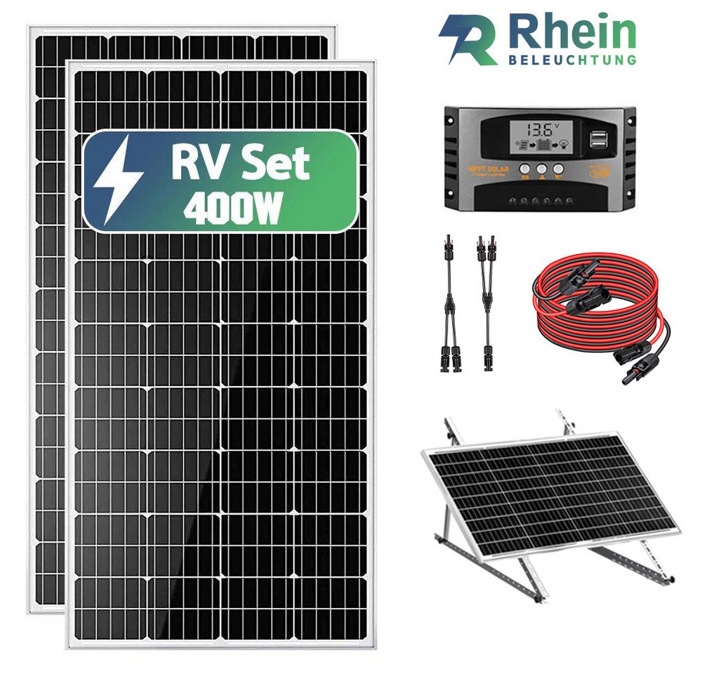 Rhein Beleuchtung Solarmodul 400W 12V Wohnmobil Solaranlage Komplettset, 400 W, Monokristallin, (6-St., Inklusive 12V/24V MPPT-Laderegler, Y-Adapter, 3m Solarmodul mit MC4), IP65 wasserdicht, hohe Effizienz, mit MPPT-Laderegler von Rhein Beleuchtung