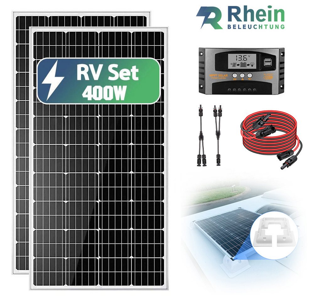 Rhein Beleuchtung Solarmodul 400W 12V Wohnmobil Solaranlage Komplettset, 400 W, Monokristallin, (8-St., Inklusive 12V/24V MPPT-Laderegler, Y-Adapter, 3m Solarmodul mit MC4), IP65 wasserdicht, hohe Effizienz, mit MPPT-Laderegler von Rhein Beleuchtung