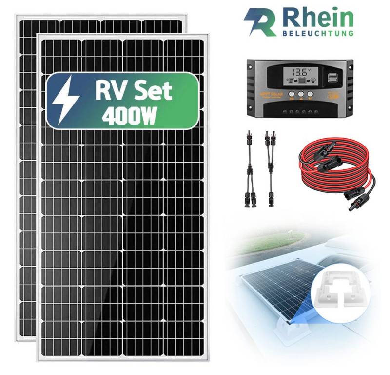 Rhein Beleuchtung Solarmodul 400W 12V Wohnmobil Solaranlage Komplettset, 400 W, Monokristallin, (8-St., Inklusive 12V/24V MPPT-Laderegler, Y-Adapter, 3m Solarmodul mit MC4), IP65 wasserdicht, hohe Effizienz, mit MPPT-Laderegler von Rhein Beleuchtung