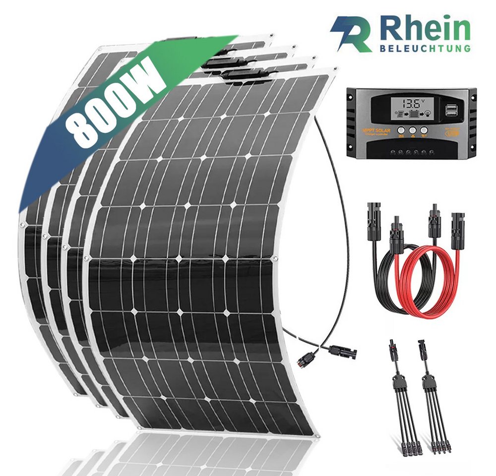 Rhein Beleuchtung Solarmodul 800W Flexibles Solarpanel Set für Wohnmobil Garten Boot 12V, (Ultraflach, IP65, für gewölbte Flächen und Off-Grid-Systeme), 4×200W Module mit 40A Regler & MC4 Verteiler (1 zu 4) von Rhein Beleuchtung