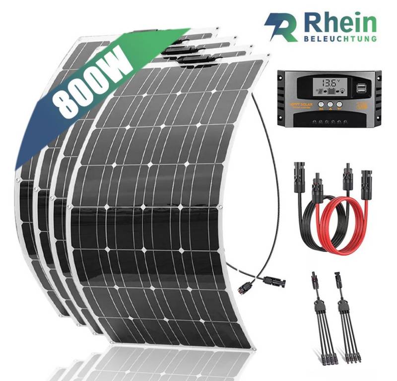 Rhein Beleuchtung Solarmodul 800W Flexibles Solarpanel Set für Wohnmobil Garten Boot 12V, (Ultraflach, IP65, für gewölbte Flächen und Off-Grid-Systeme), 4×200W Module mit 40A Regler & MC4 Verteiler (1 zu 4) von Rhein Beleuchtung