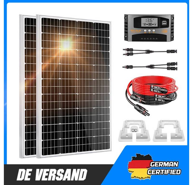 Rhein Beleuchtung Solarmodul Solarpanel Set 12V Monokristallin für Wohnmobil & Boote, 100 W, (2×100W Module, MPPT-Regler, Y-Kabel, MC4, Halterung enthalten), Halbzellen-Technologie, wetterfest IP65, hohe Effizienz & Leistung von Rhein Beleuchtung