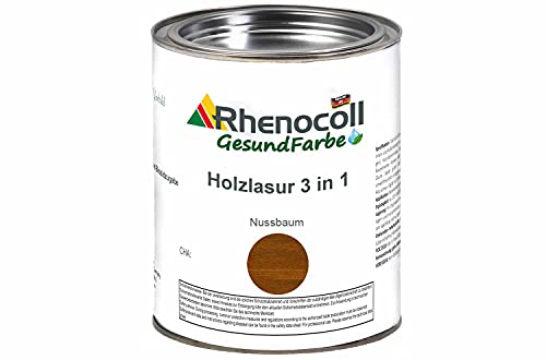 RHENOCOLL Holzlasur 3in1 zum Beschichten von Holz im Innen und Außen Bereich wie Holzhaus oder Terrassenmöbel, All-in-One Produkt, Holzlasur außen, Holzlasur innen (0,75 l, Nussbaum) von Rhenocoll