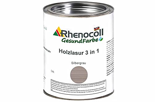 RHENOCOLL Holzlasur 3in1 zum Beschichten von Holz im Innen und Außen Bereich wie Holzhaus oder Terrassenmöbel, All-in-One Produkt, Holzlasur außen, Holzlasur innen (5 l, Silbergrau) von Rhenocoll