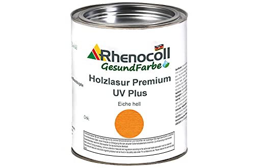 RHENOCOLL Holzlasur Premium UV Plus zum Beschichten von Holz im Innen und Außen Bereich, Holzhaus, Terrassenmöbel oder Zäune, wasserbasiert, Extra UV Schutz, Holzlasur außen (0,75 l, Eiche Hell) von Rhenocoll