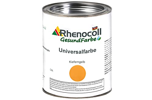 Rhenocoll Universalfarbe für Holz, Metall und Stein – Holzfarbe innen und außen – Wetterfeste Deckfarbe auf Wasserbasis – Metall-Farbe Kieferngelb seidenmatt 1 l von Rhenocoll