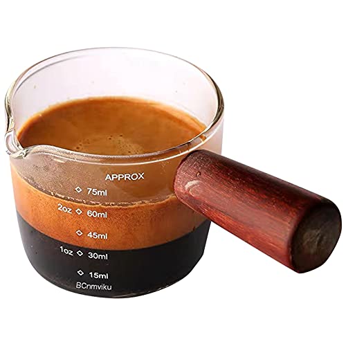 Rheross Glas-Messbecher, Espresso-Glas, 75 ml, dreifacher , Barista, einzelne Ausgießer mit Holzgriff von Rheross