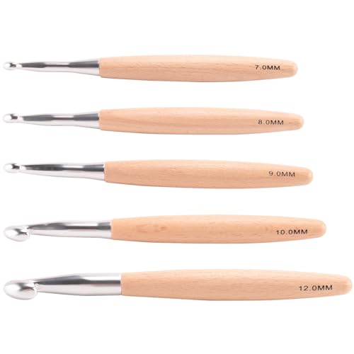 Rhghfujhgy Großes Häkelnadel-Set mit Buchenholzgriff, Häkelnadeln für Grobes Garn, Größe 7 Mm, 8 Mm, 9 Mm, 10 Mm, 12 Mm, Tragbar von Rhghfujhgy