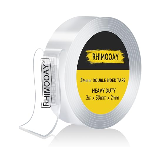 Rhimooay 3 Meter Doppelseitiges Klebeband Extra Stark Transparent - 2mm dick, 30mm Breit ablösbar nicht markierend Doppelseitiges transparentes Nano tape, für Teppich/Foto Wand/Küche/Zuhause von Rhimooay