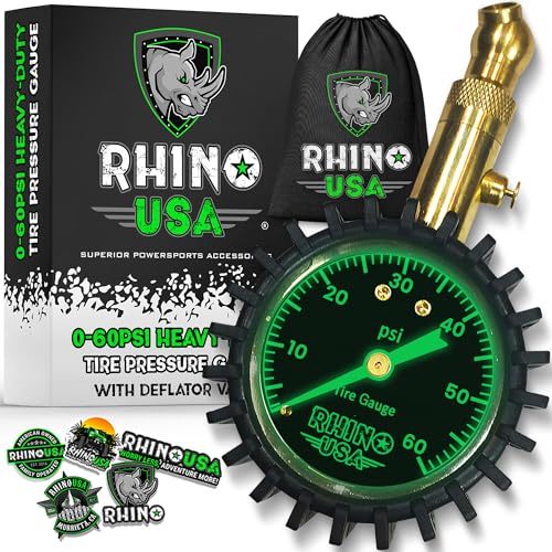 Robuster Reifendruckprüfer von Rhino USA (0-60 PSI) - ANSI B40.1 geeicht – Große 5 cm Leuchtskala – 360˚ Drehbarer Wirbel - Solide Messingbeschläge - Luftdruckprüfer für Jedes Fahrzeug von Rhino USA