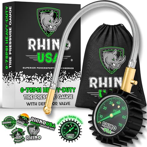 Robuster Reifendruckprüfer von Rhino USA (0-75 PSI) - ANSI B40.1 Geeicht – Große 5 cm Leuchtskala – Hochwertiger Schlauch mit Textilgeflecht - Messingbeschläge - Luftdruckprüfer für Jedes Fahrzeug von Rhino USA