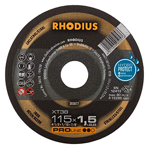 RHODIUS XT38 | 10 Stück Ø 115 mm x 1,5 mm | Trennscheibe Metall | Made in Germany | Dose | für Winkelschleifer, INOX, Edelstahl, Stahl von Rhodius
