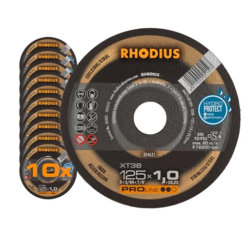 RHODIUS XT38 125 x 1, 0 x 22, 23 mm Trennscheiben für Winkelschleifer Flexscheibe Metall Stahltrennscheibe, 200 W, 240 V, 10 Stück von Rhodius