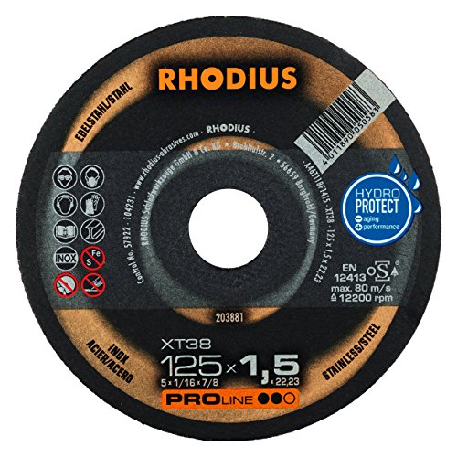 RHODIUS XT38 | 10 Stück Ø 125 mm x 1,5 mm | Trennscheibe Metall | Made in Germany | Dose | für Winkelschleifer, INOX, Edelstahl, Stahl von Rhodius